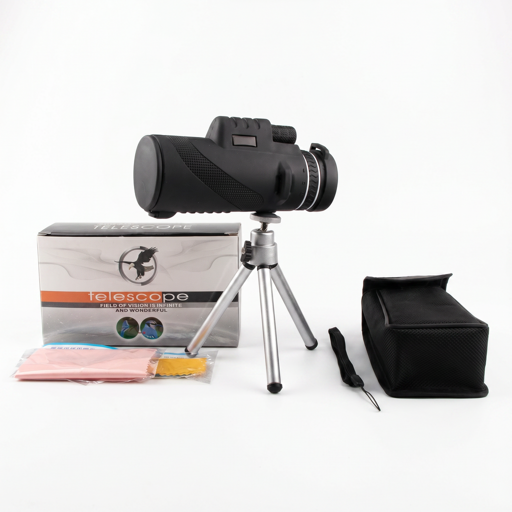 Monocular pe trepied, lângă cutie, husă neagră, șnur de mână și lavete