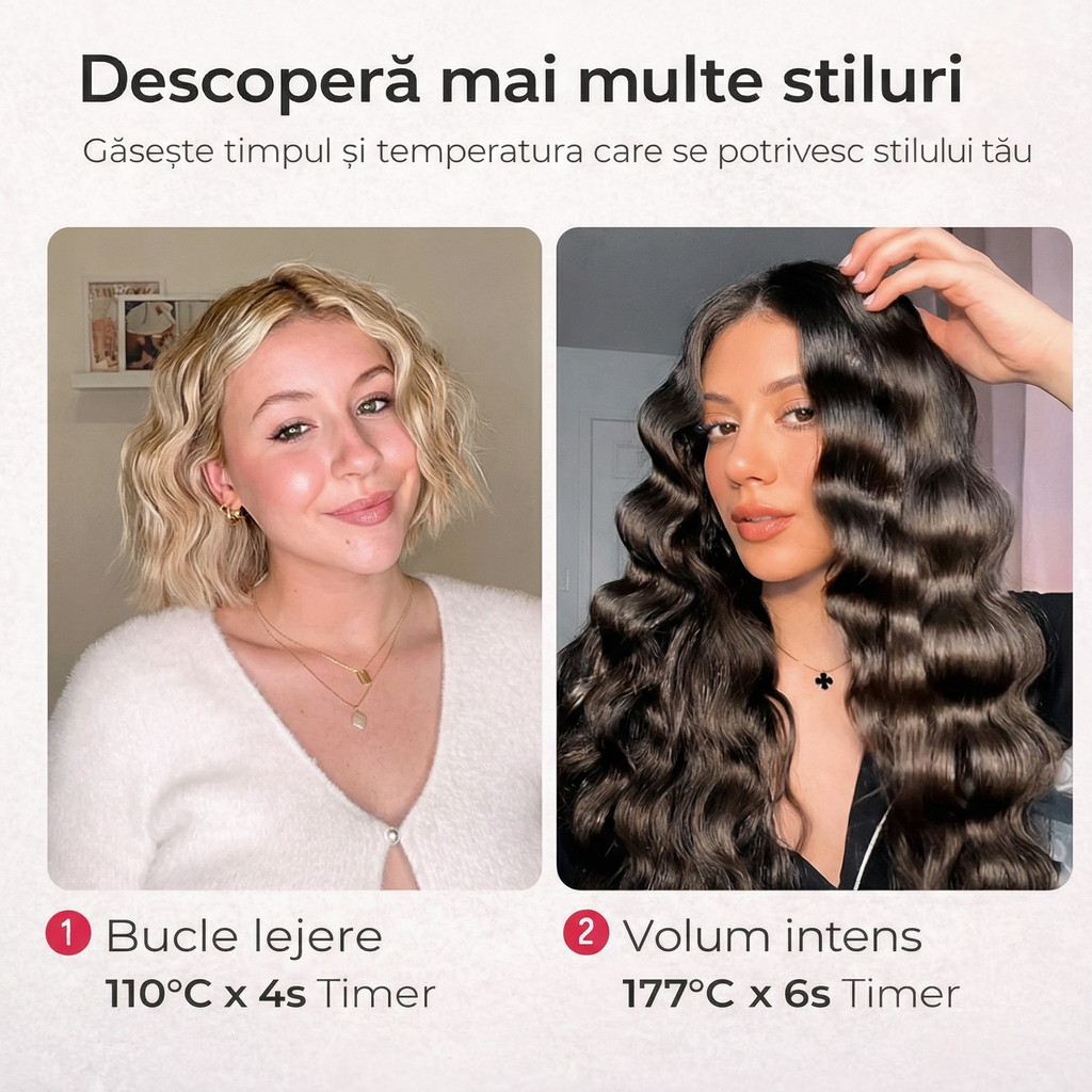 Două coafuri ondulate, cu temperatura și timpul folosite