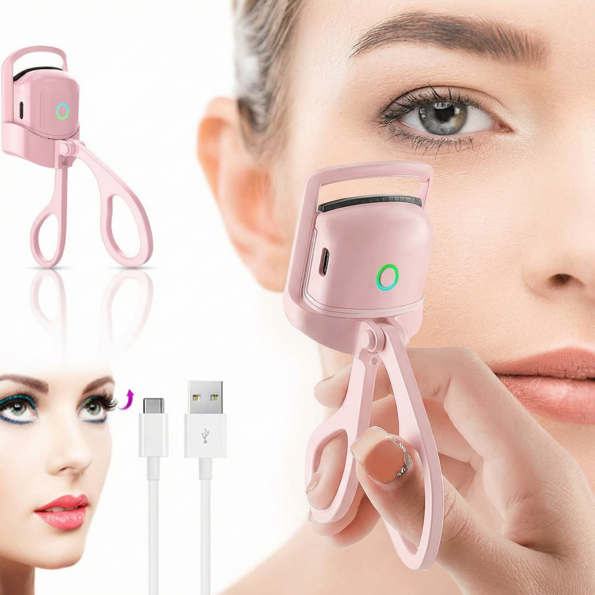 Ondulator de gene ținut în mână, lângă față, cu cablul USB