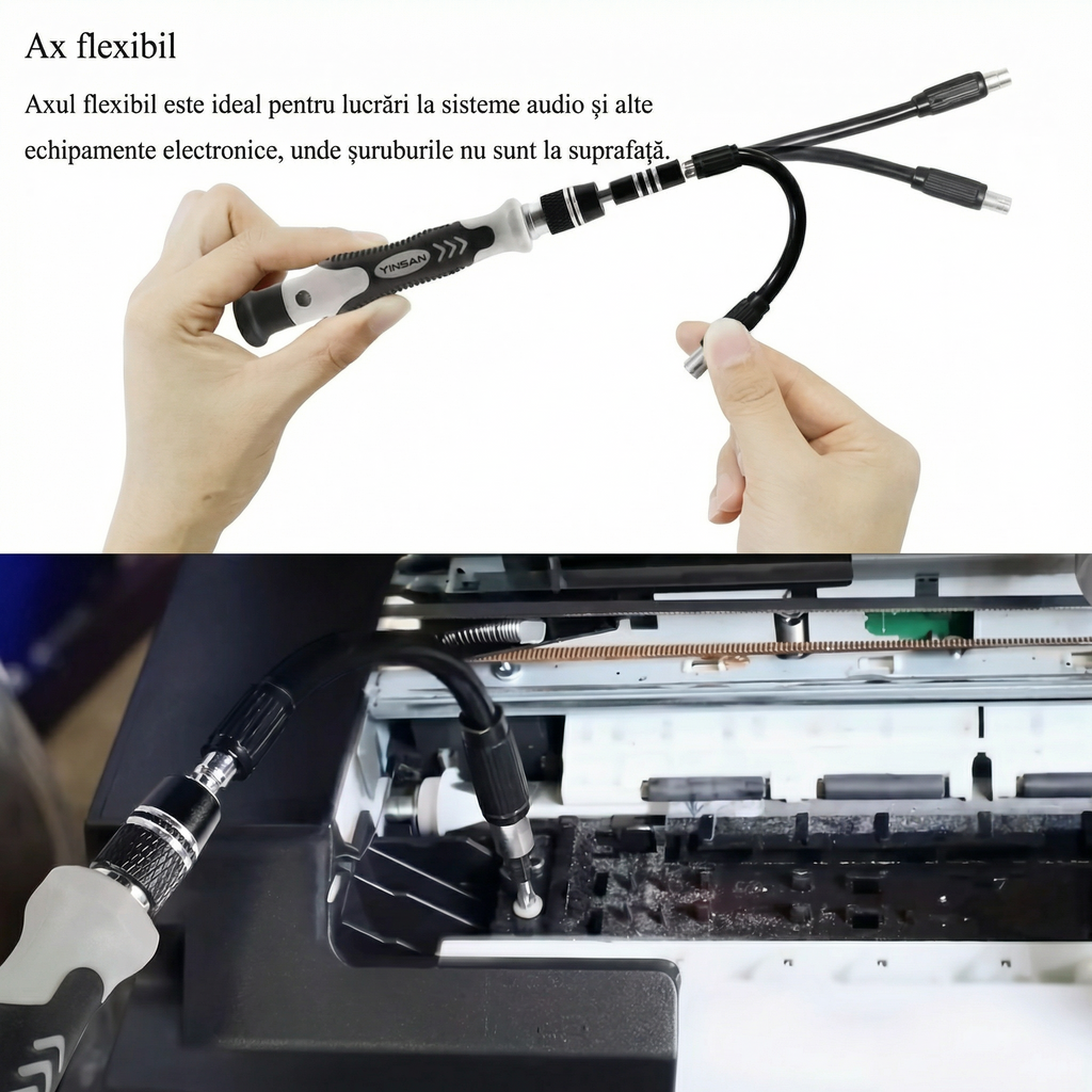 Șurubelniță de precizie cu ax flexibil, îndoit cu mâna