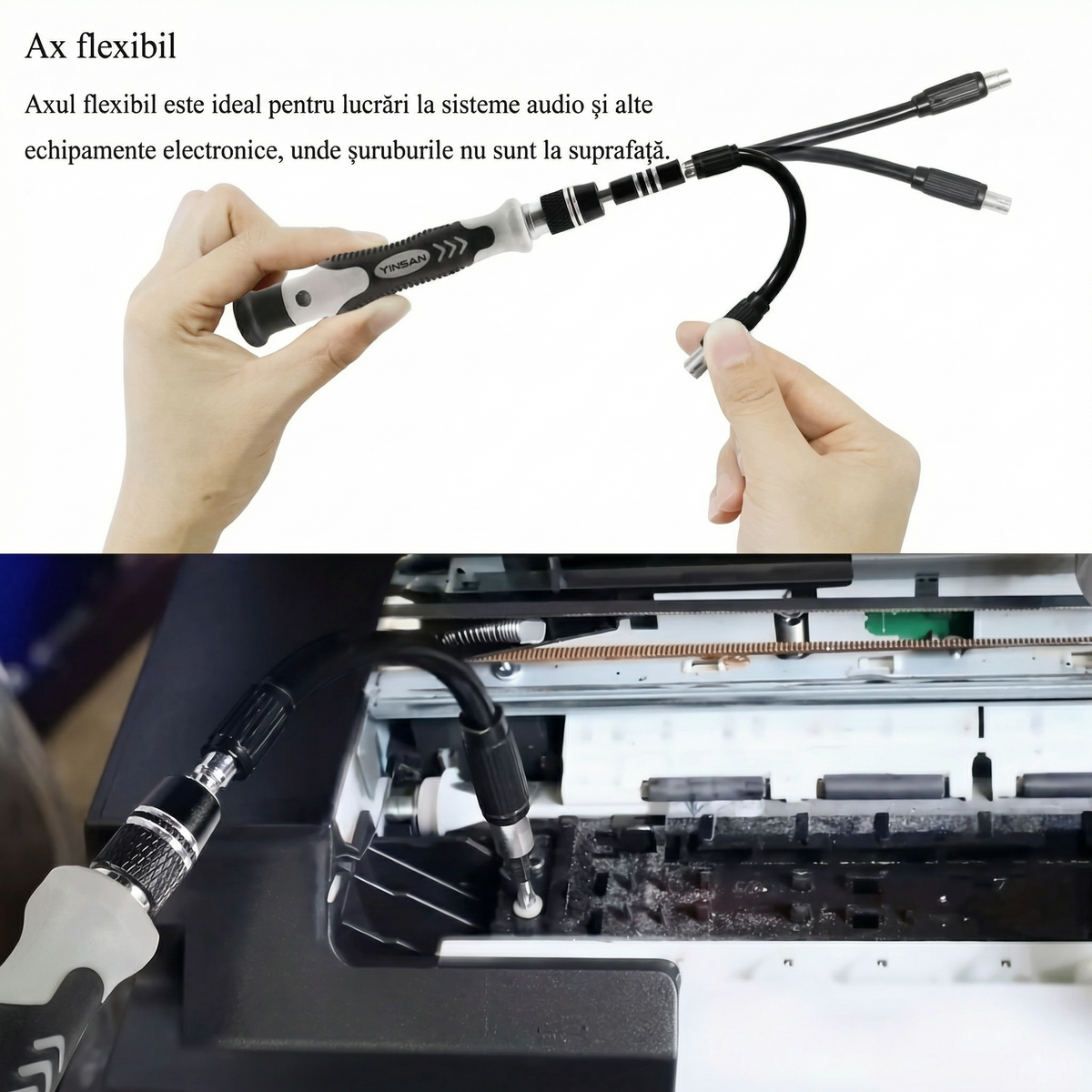 Șurubelniță de precizie cu ax flexibil, îndoit cu mâna
