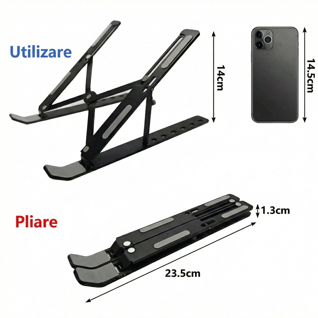 Suport negru pentru laptop, deschis și pliat, cu cotele marcate