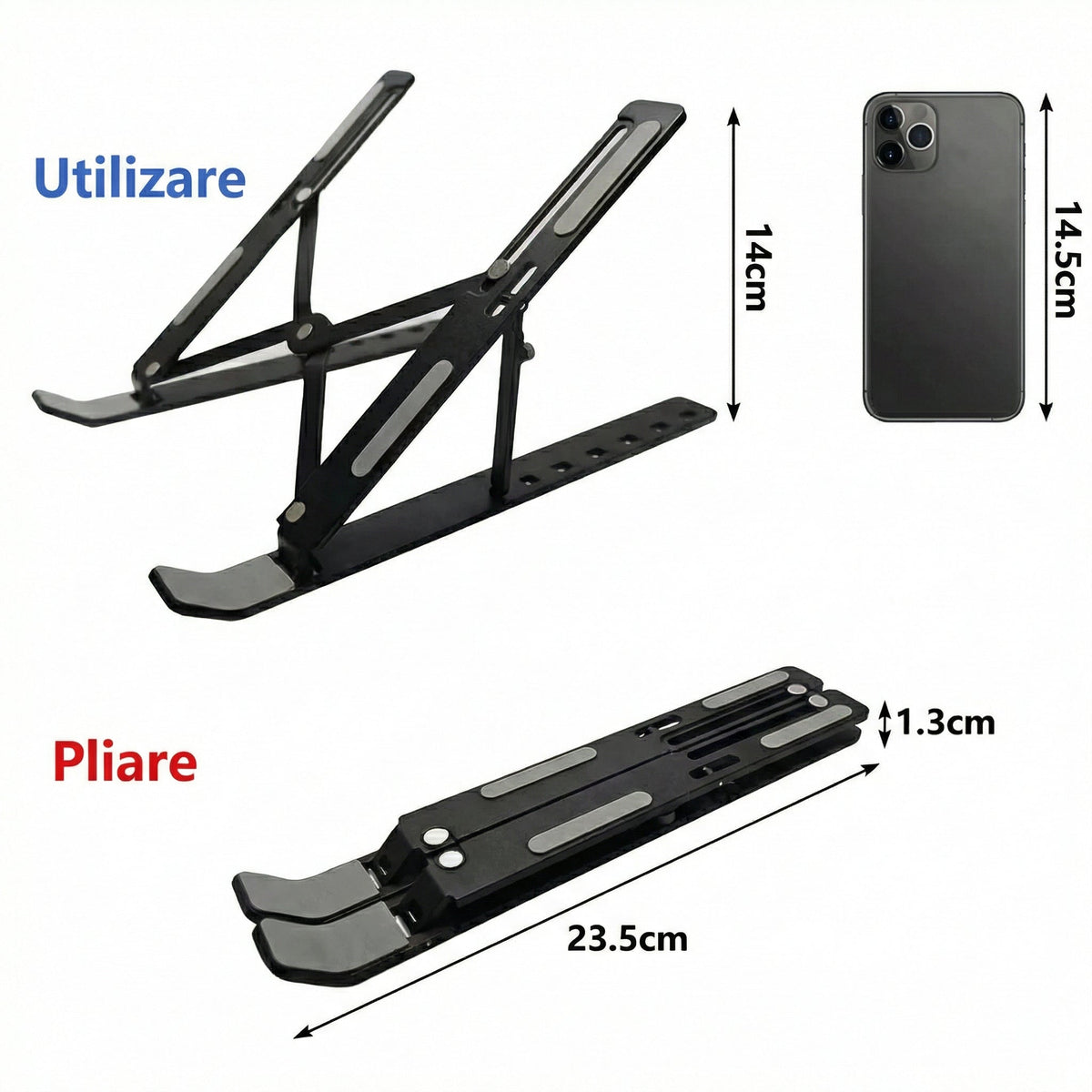 Suport negru pentru laptop, deschis și pliat, cu cotele marcate