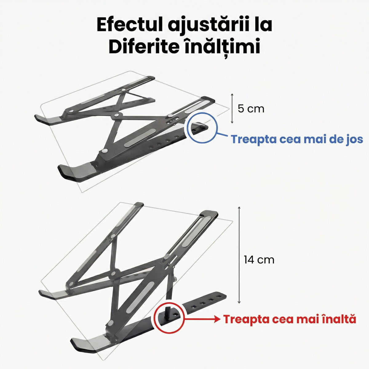 Suport pentru laptop pe treapta cea mai joasă și pe cea mai înaltă