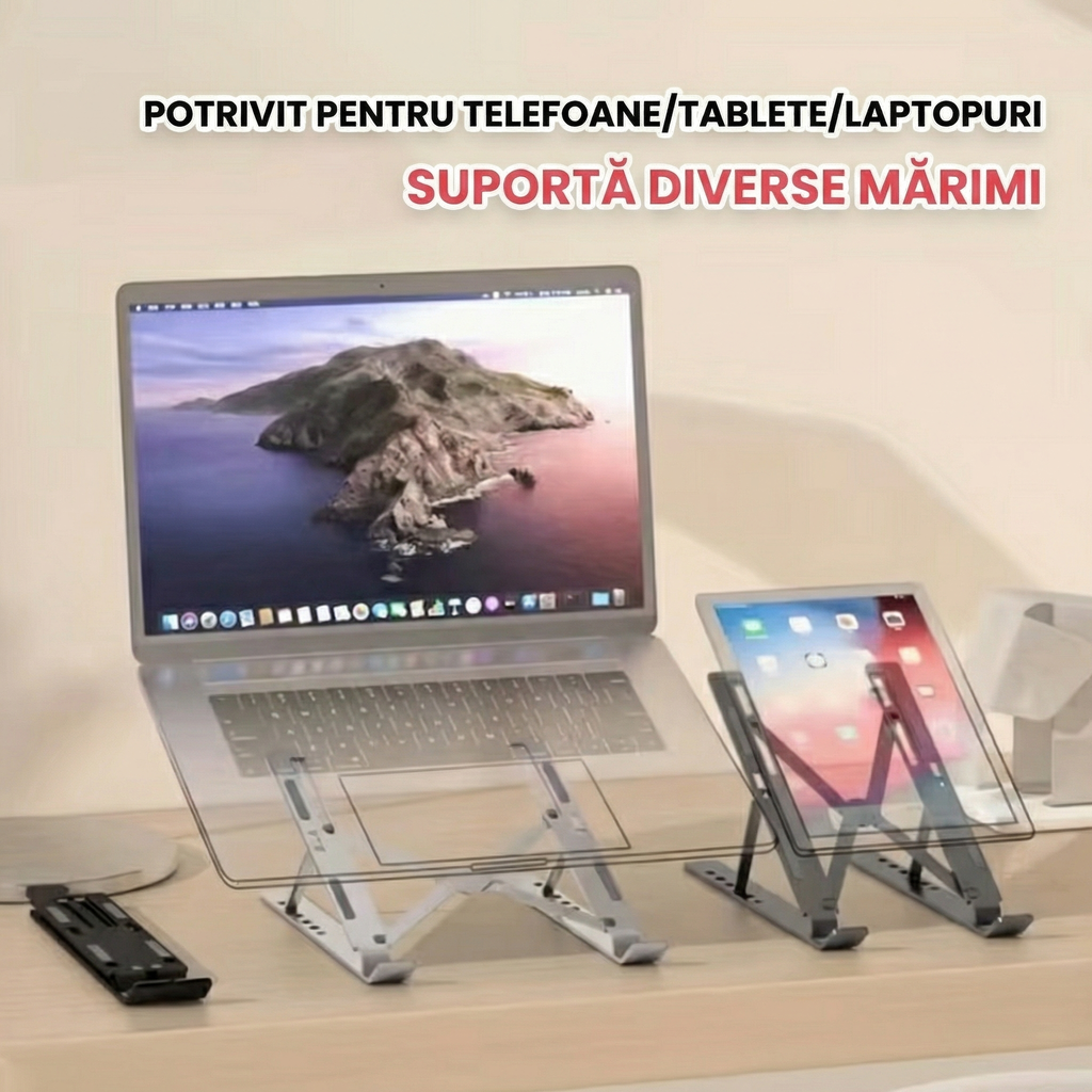 Laptop și tabletă așezate pe două suporturi pliabile, pe un birou