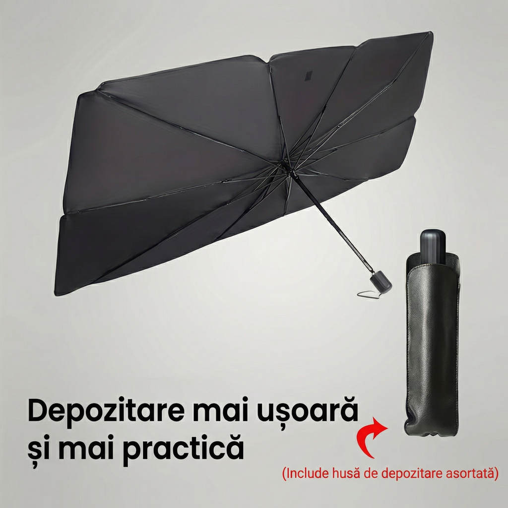 Parasolar auto tip umbrelă, deschis, și husa de depozitare