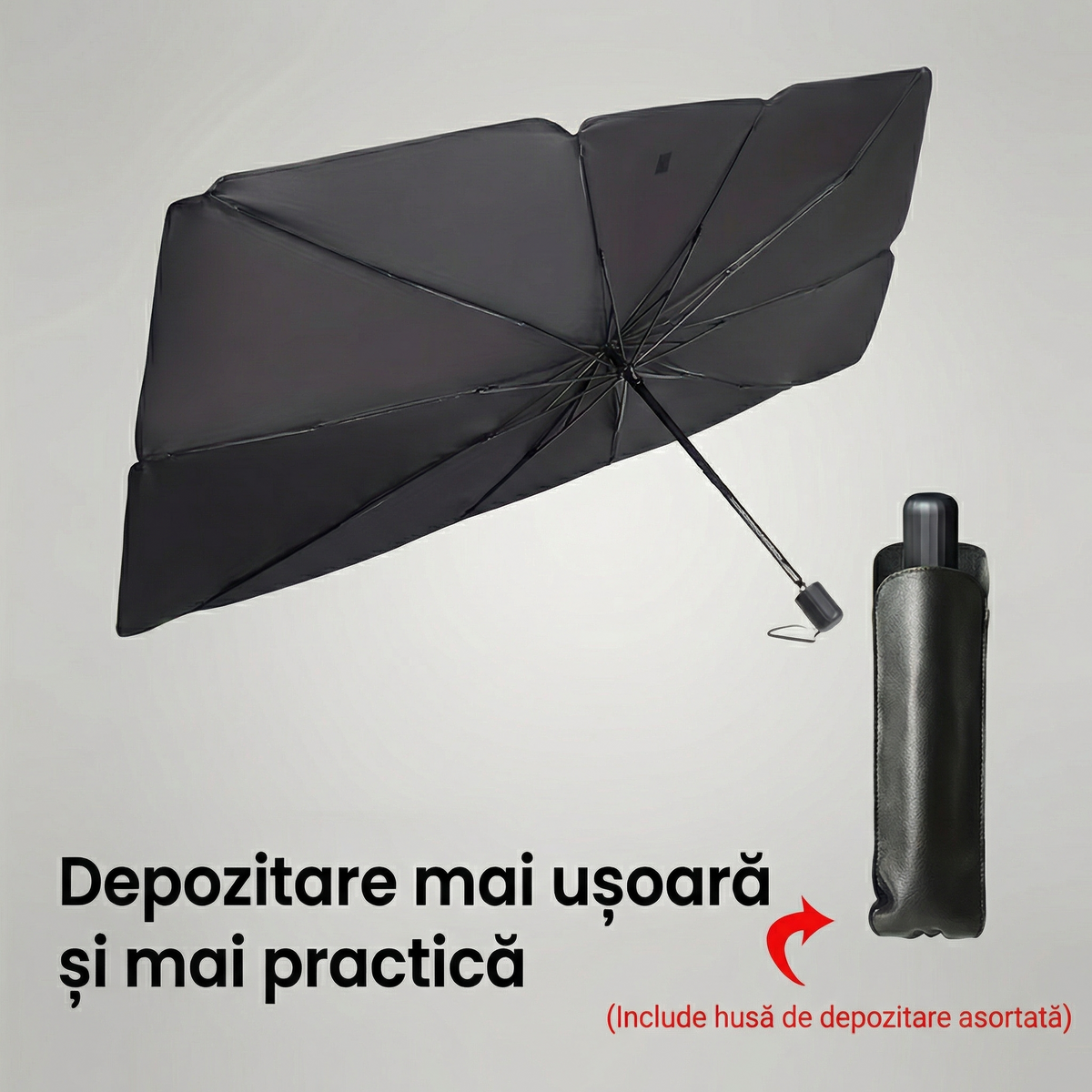 Parasolar auto tip umbrelă, deschis, și husa de depozitare