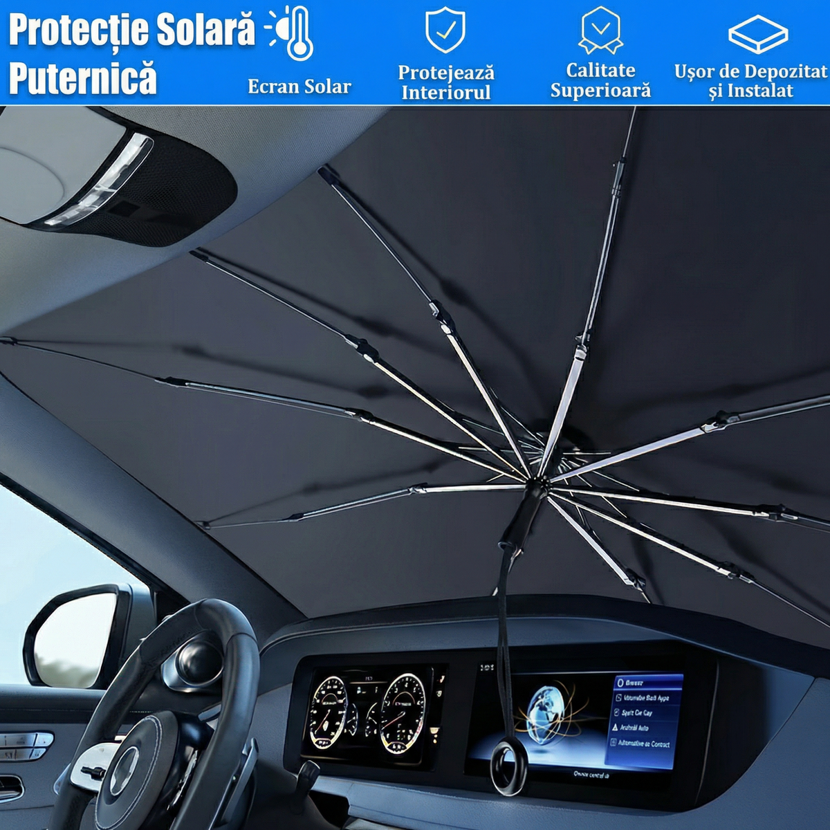 Parasolar tip umbrelă deschis în spatele parbrizului, văzut din interiorul mașinii