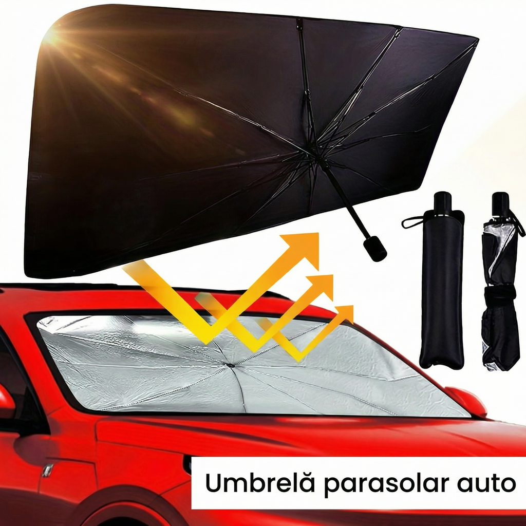 Parasolar tip umbrelă cu fața argintie, pus în parbrizul unei mașini roșii