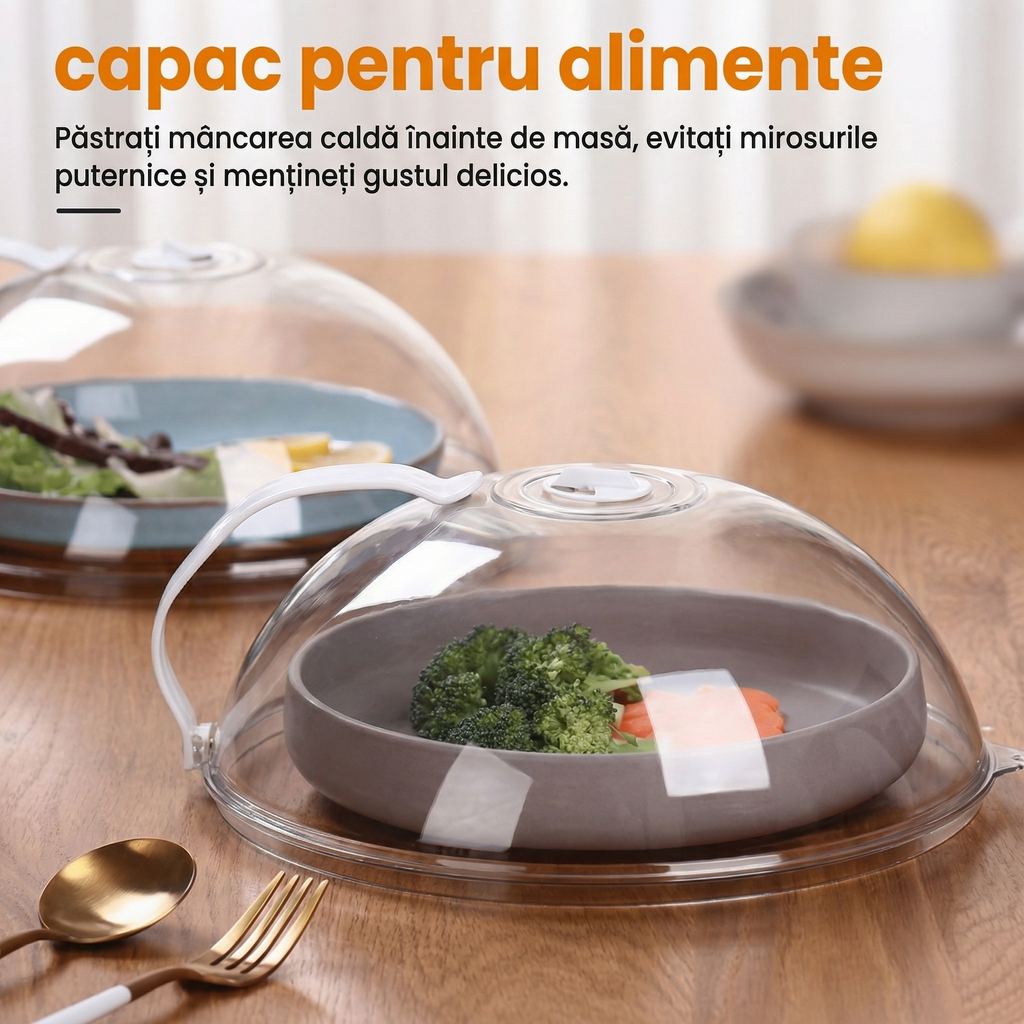 Capac transparent pentru microunde, cu mâner alb, pus peste un bol