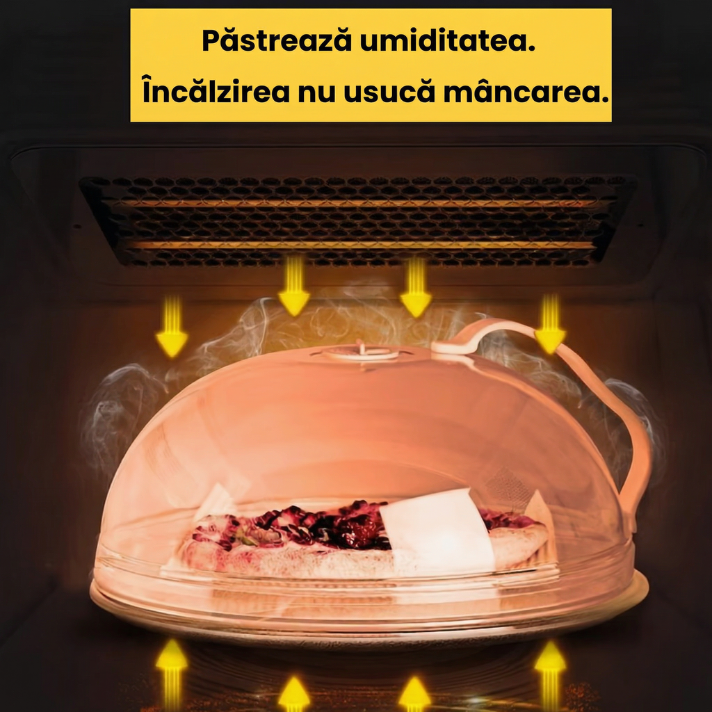Capac transparent cu mâner, pus peste o pizza în cuptor