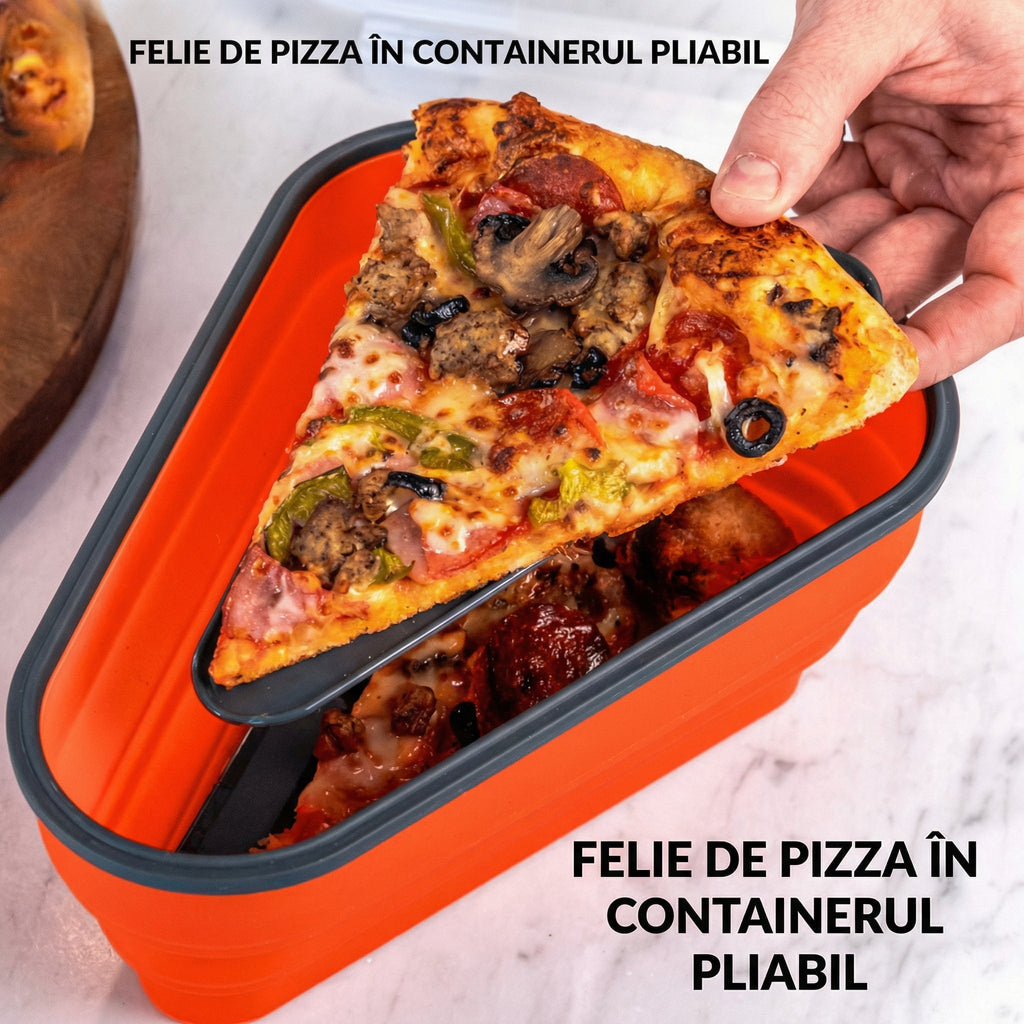 Felie de pizza pe tavă, ridicată din caserola pliabilă