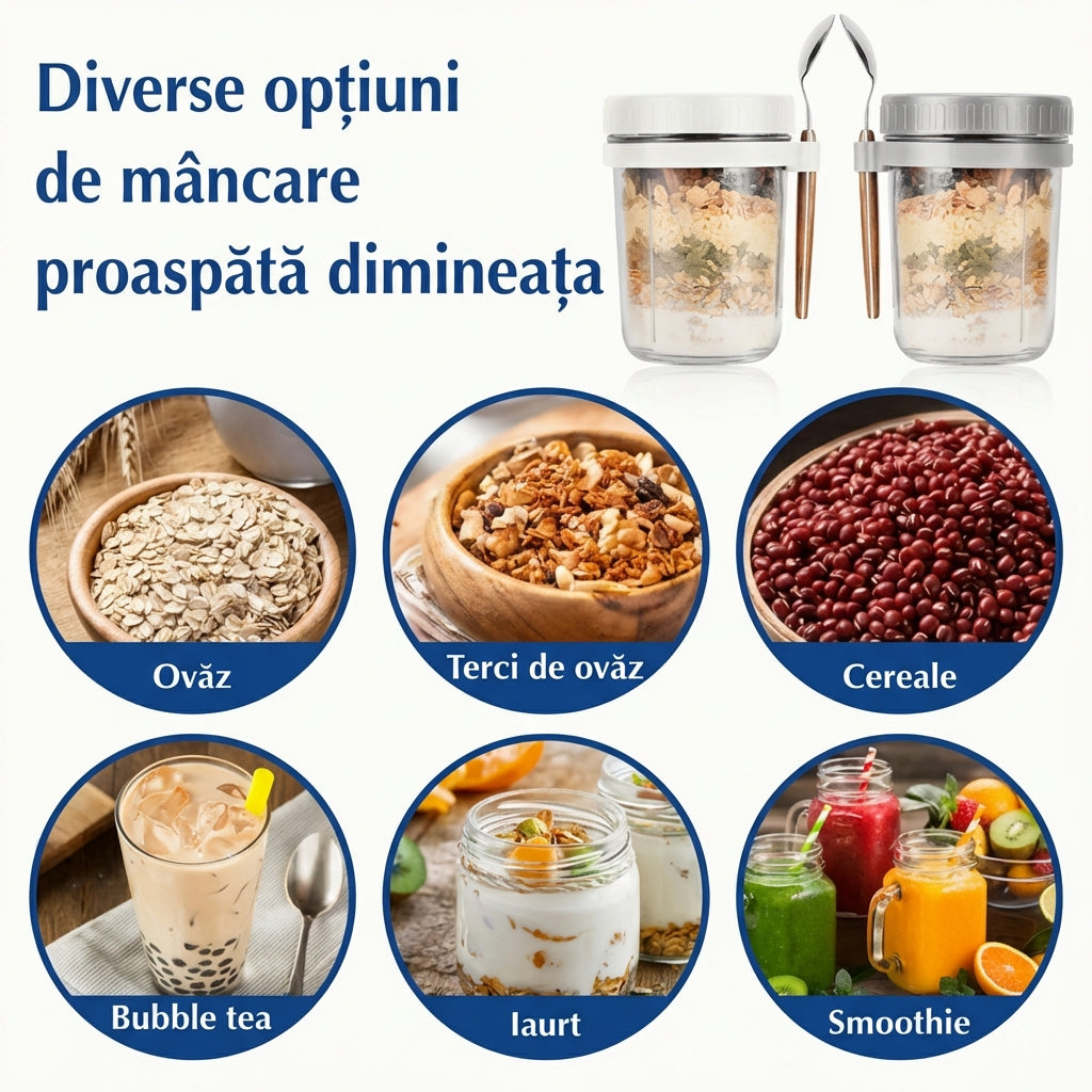 Două borcane din sticlă cu lingurițe, deasupra unor exemple de alimente