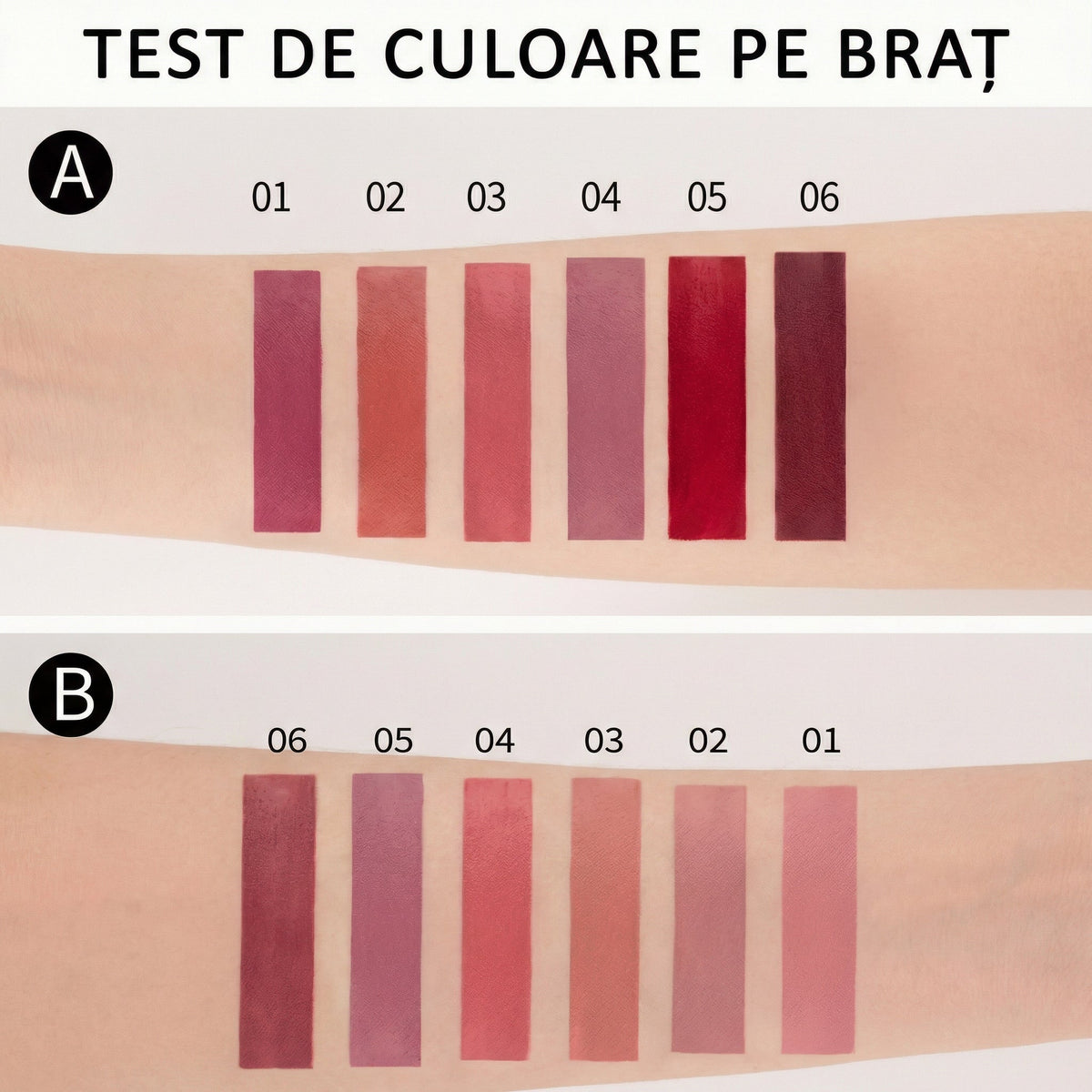 Test de culoare pe braț, cu două seturi de câte șase nuanțe
