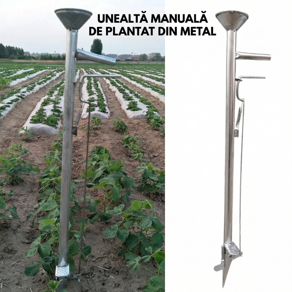 Plantator manual din metal, în câmp și pe fundal alb