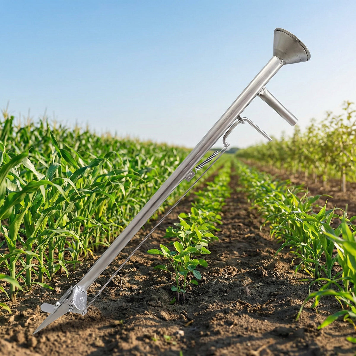 Plantator manual din metal, înfipt în pământ între rânduri