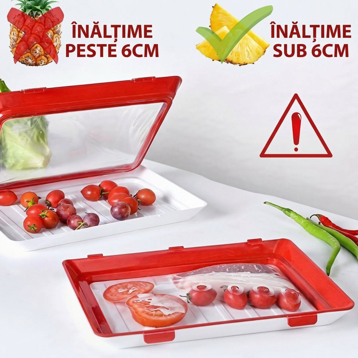 Tăvi cu folie elastică și limita de înălțime a alimentelor