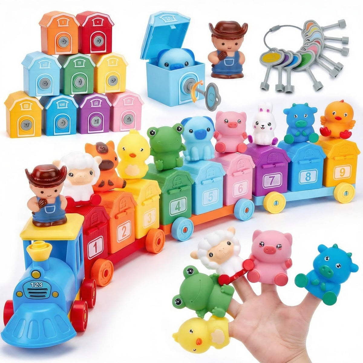 Trenuleț de jucărie cu nouă căsuțe numerotate, chei și figurine de animale