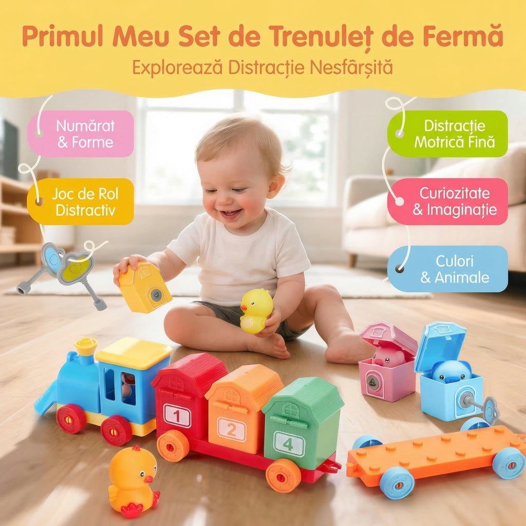 Copil care se joacă pe podea cu trenulețul și cu căsuțele