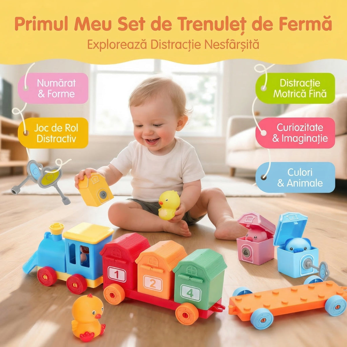Copil care se joacă pe podea cu trenulețul și cu căsuțele