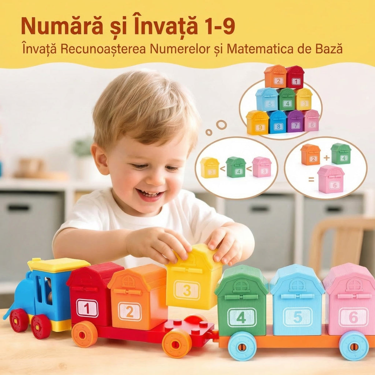 Copil care așază căsuțele numerotate pe platformele trenulețului
