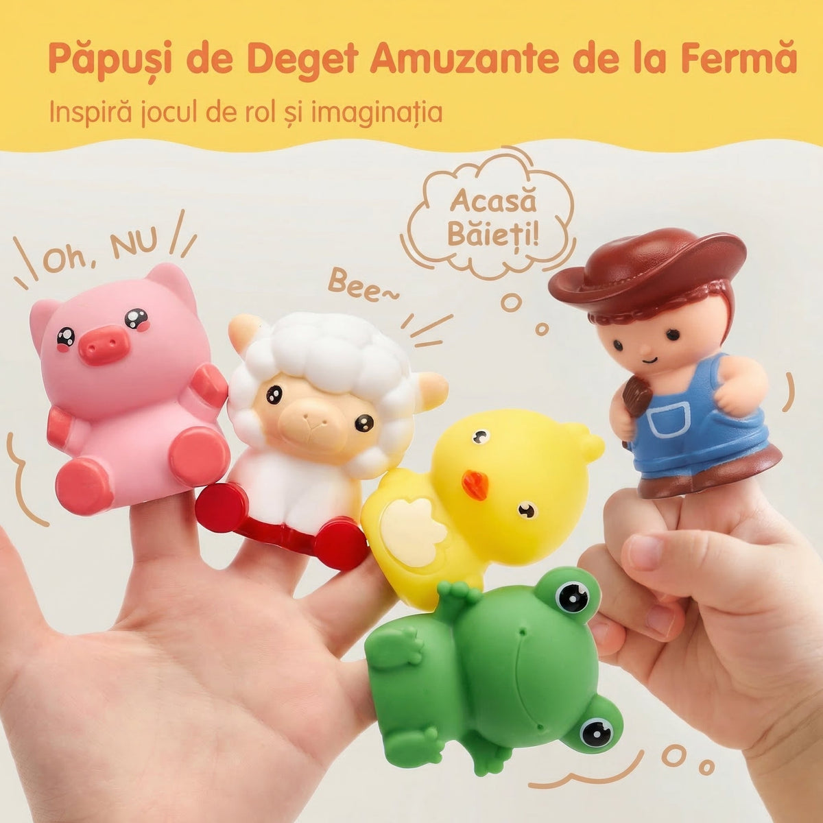 Figurine de porc, oaie, rață, broască și fermier puse pe degete