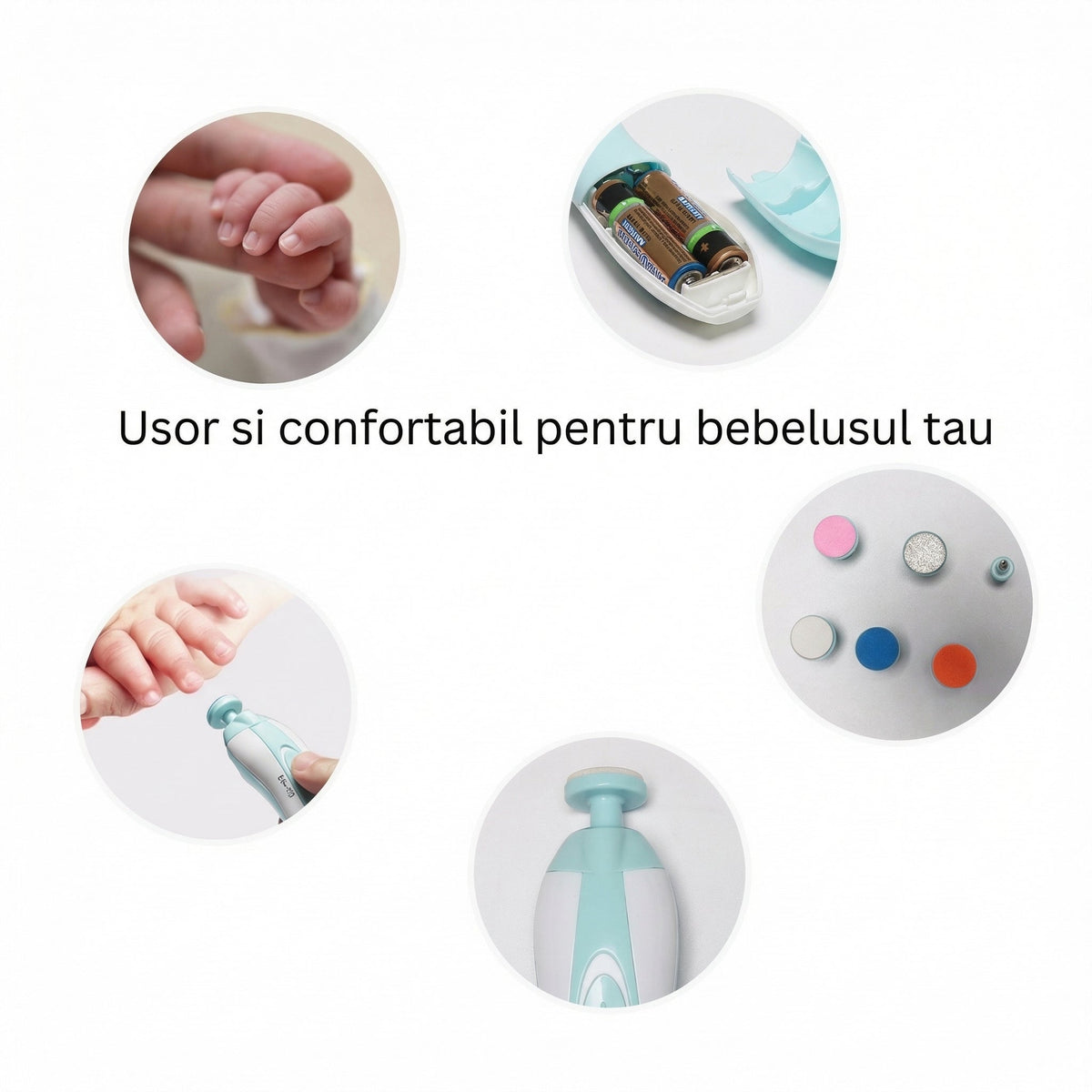 Detalii ale pilei electrice: locașul bateriilor, capetele și folosirea pe unghii