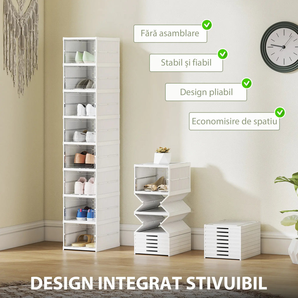 Dulap modular pentru pantofi cu 9 cutii stivuibile, 26x35x140 cm, alb