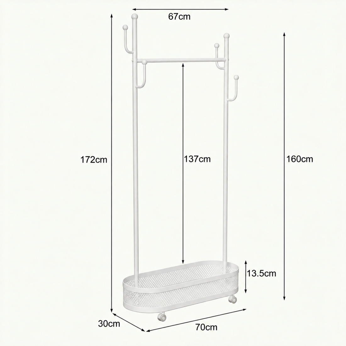 Desen cu dimensiunile suportului de haine: 172 cm înălțime, 70 x 30 cm la bază, bară de 67 cm, coș de 13,5 cm
