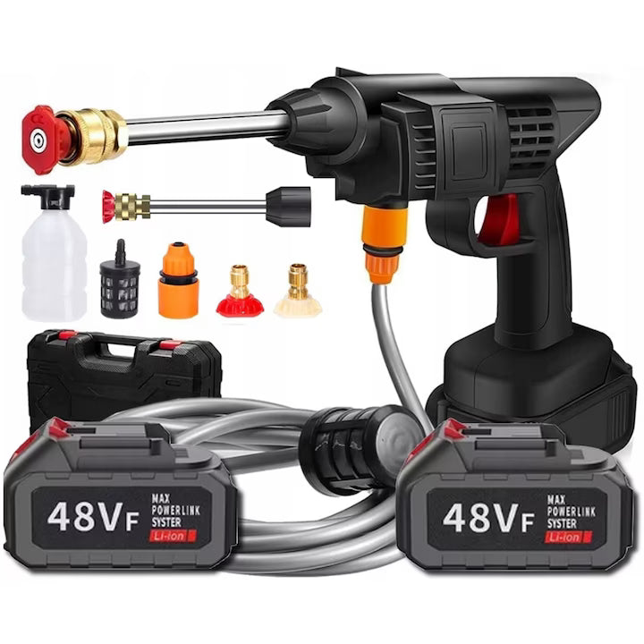 Aparat de curatat electric cu presiune, fara fir, cu 2 acumulatori 48V, presiune ridicata, filtre si duze incluse, negru