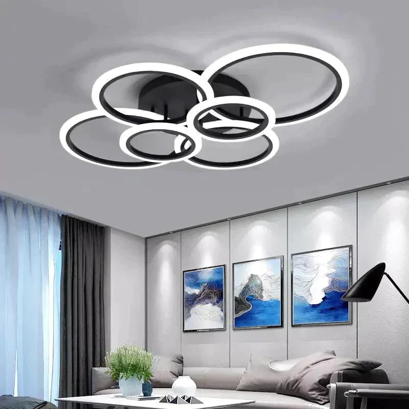 Lustra LED tavan 4+2 cercuri neagra, cu telecomanda, echivalent 600W, design modern living