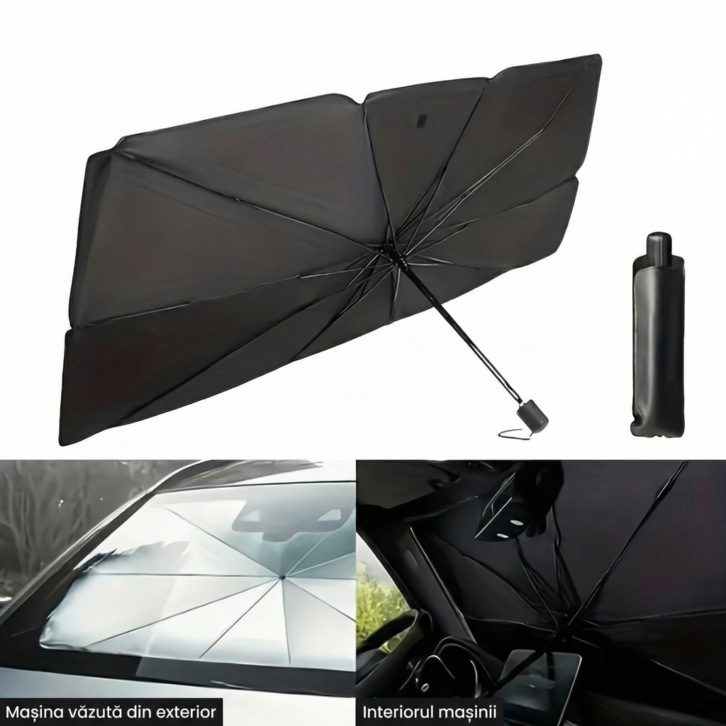 Parasolar auto tip umbrelă, deschis, lângă husa lui, văzut din exterior și din interior; setul include și vizieră și husă de parbriz