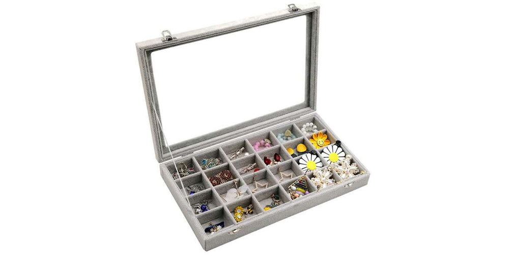 Cutie de bijuterii tip organizator display din material suede, pentru coliere, inele si cercei