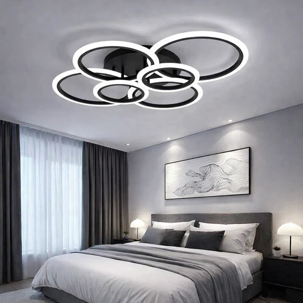 Lustra LED tavan 4+2 cercuri neagra, cu telecomanda, echivalent 600W, design modern living