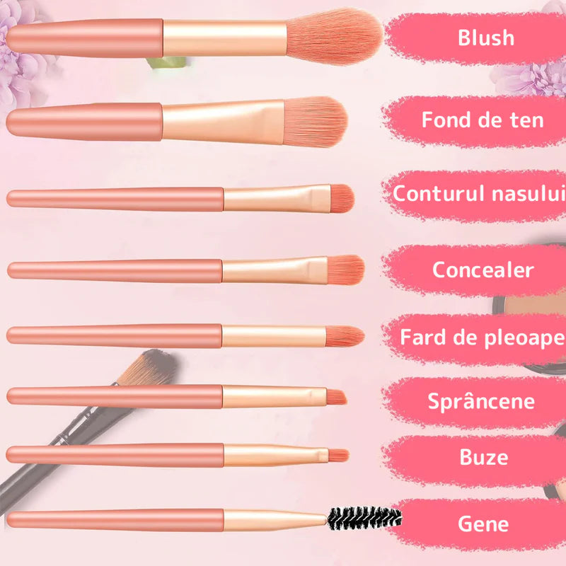 Set 8 mini pensule pentru machiaj, profesionale si pentru incepatori, portabile, roz