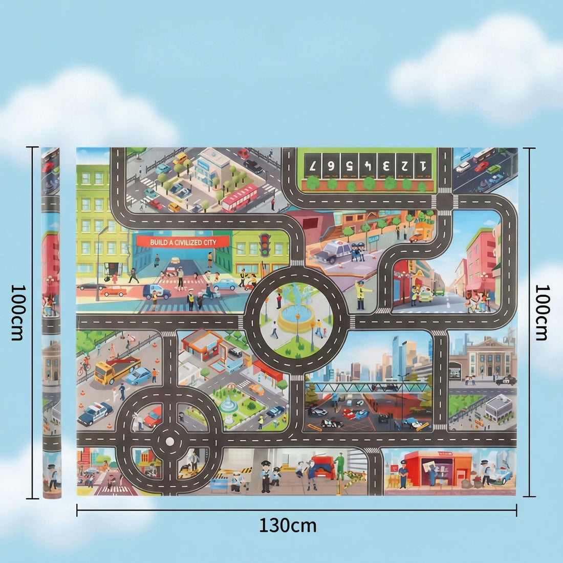 Covoraș de joacă cu harta unui oraș, întins și rulat, cu dimensiunile 130 x 100 cm