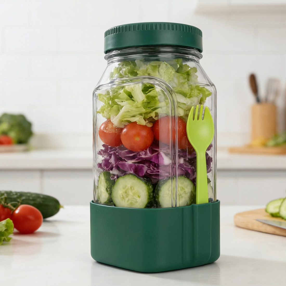 Borcan transparent cu salată de legume și capac verde, în bucătărie