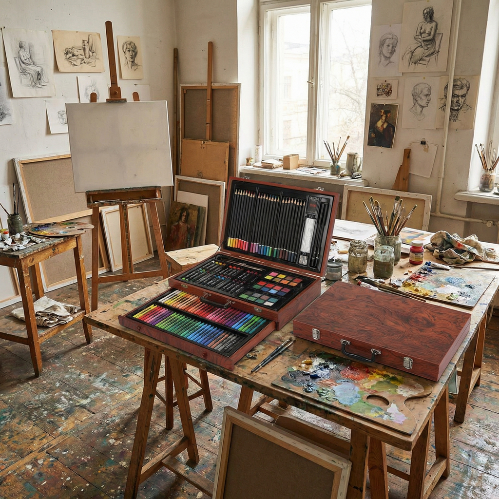 Setul de pictură deschis pe o masă de atelier; șevaletul, paleta și decorul nu sunt incluse