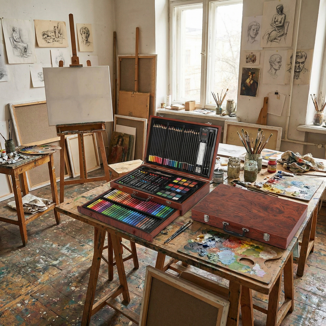 Setul de pictură deschis pe o masă de atelier; șevaletul, paleta și decorul nu sunt incluse