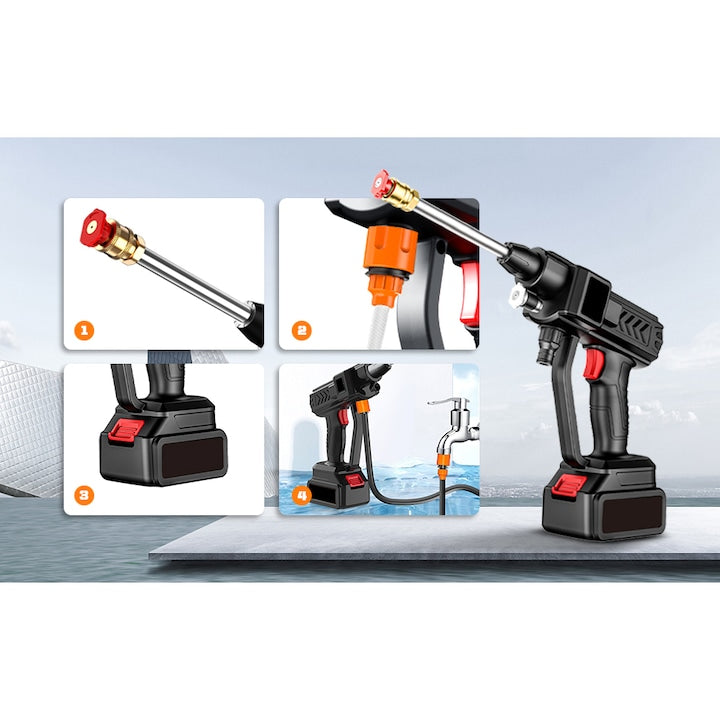 Aparat de curatat electric cu presiune, fara fir, cu 2 acumulatori 48V, presiune ridicata, filtre si duze incluse, negru