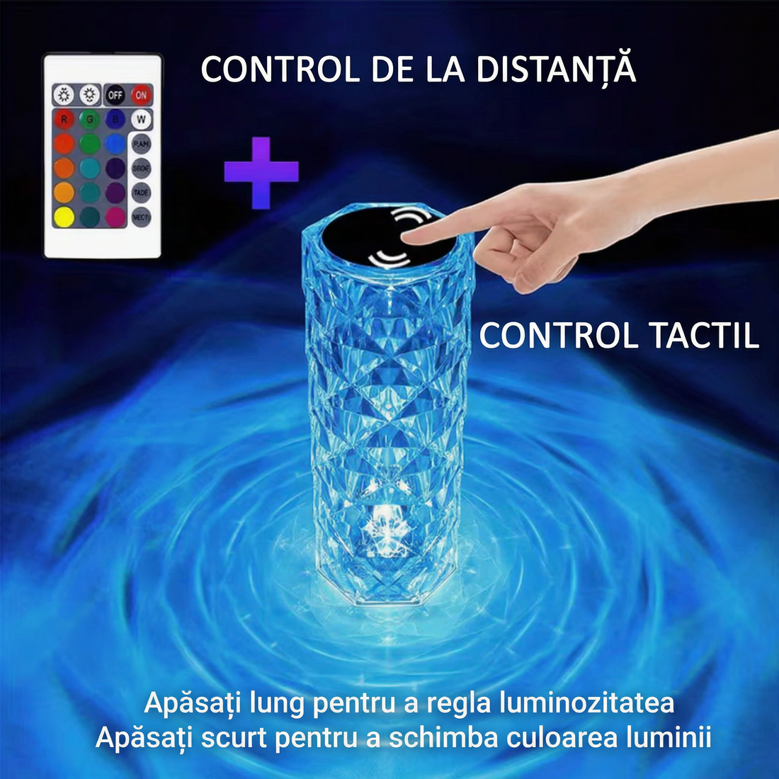 Lampă LED cu buton tactil pe capac și telecomandă cu taste colorate pentru culori și luminozitate