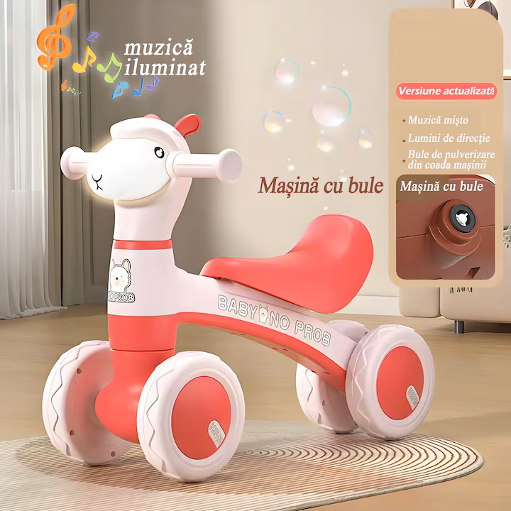 Bicicleta fara pedale pentru copii, 4 roti, lumini si muzica, jucarie de echilibru roz