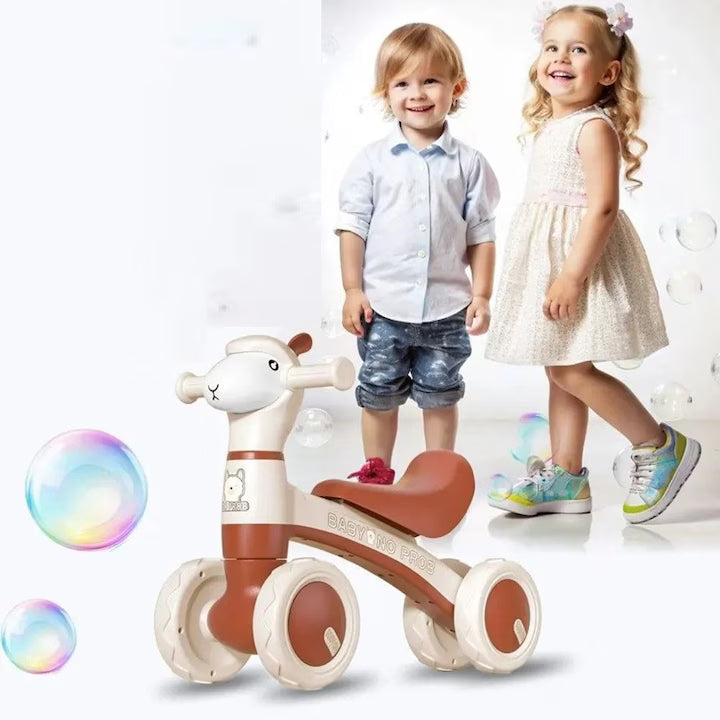 Bicicleta fara pedale pentru copii, 4 roti, lumini si muzica, jucarie de echilibru maro