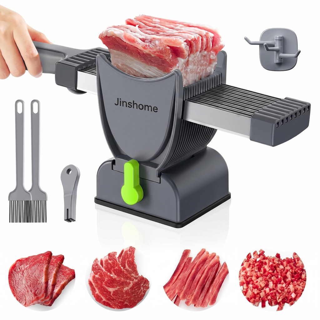Feliator manual gri pentru carne, cu rând de lame paralele trecut prin suportul cu bază și ventuză, plus perii și cârlig