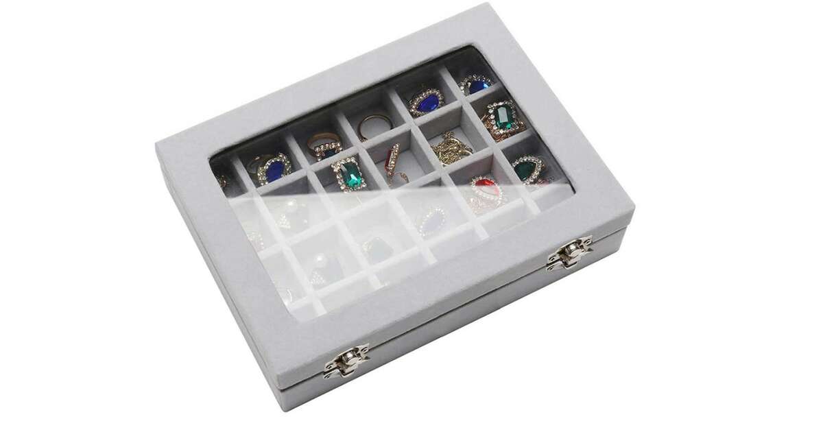 Cutie de bijuterii tip organizator display din material suede, pentru coliere, inele si cercei