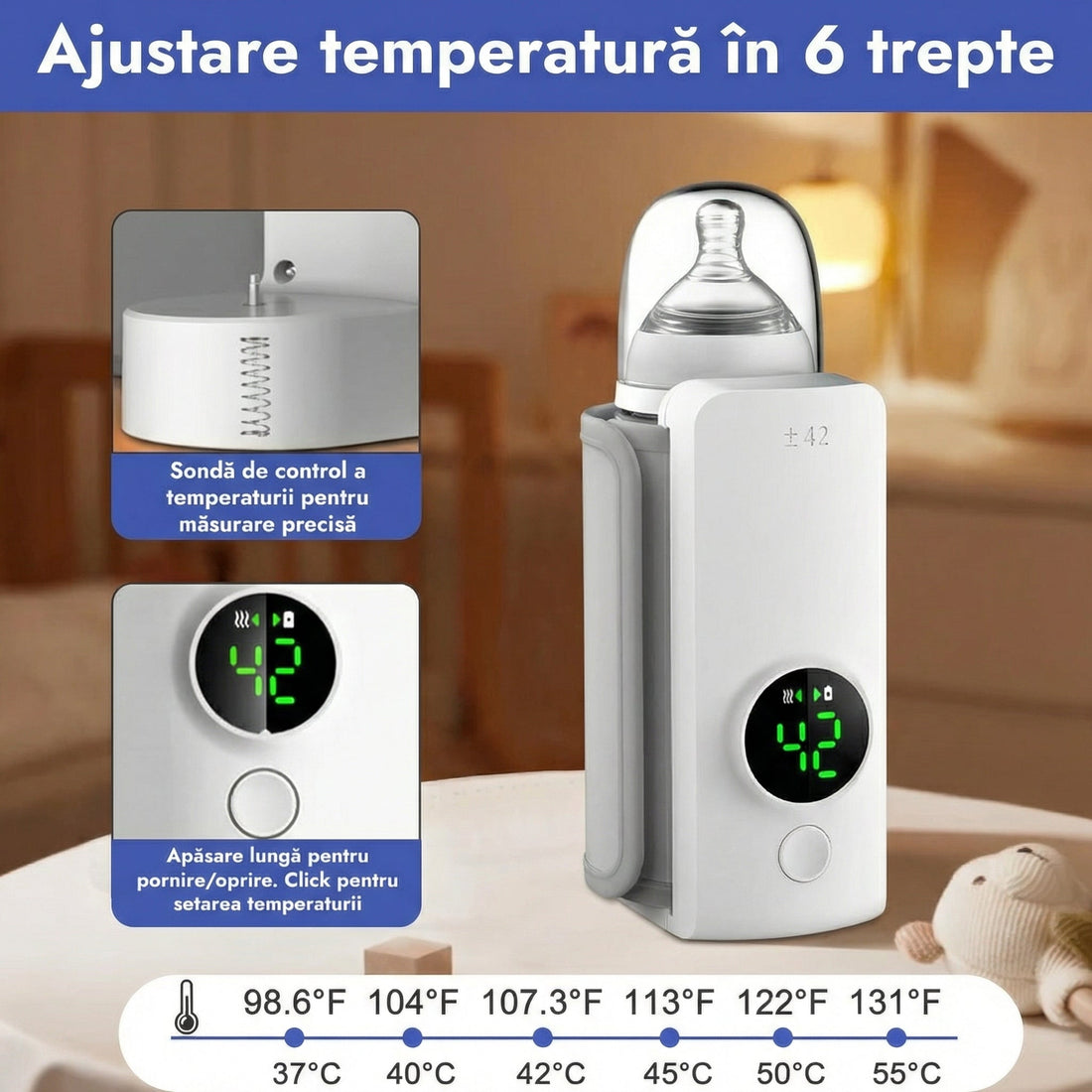 Infografic cu cele 6 trepte de temperatură, de la 37 la 55 °C, sonda de temperatură și butonul de pornire