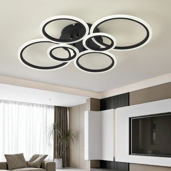 Lustra LED tavan 4+2 cercuri neagra, cu telecomanda, echivalent 600W, design modern living