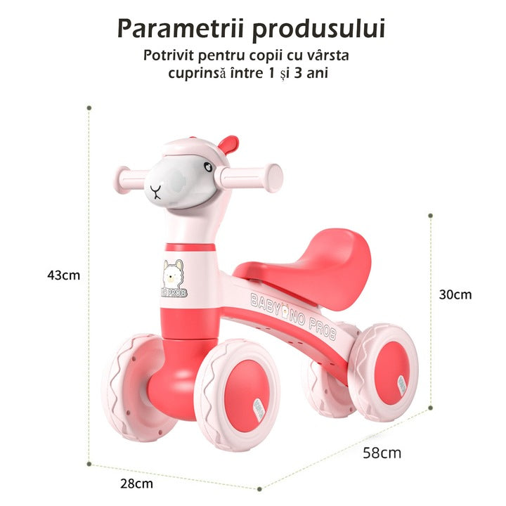 Bicicleta fara pedale pentru copii, 4 roti, lumini si muzica, jucarie de echilibru roz