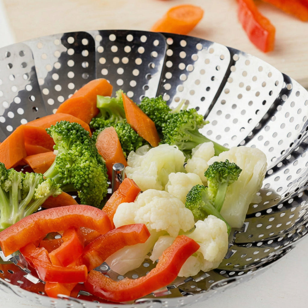 Coș de abur din inox cu broccoli, conopidă, morcovi și ardei gătiți la abur