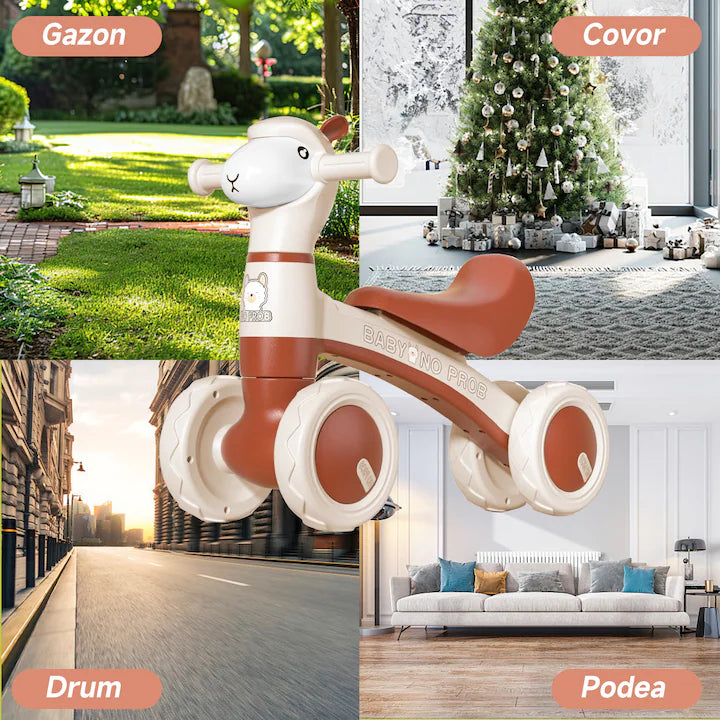 Bicicleta fara pedale pentru copii, 4 roti, lumini si muzica, jucarie de echilibru maro